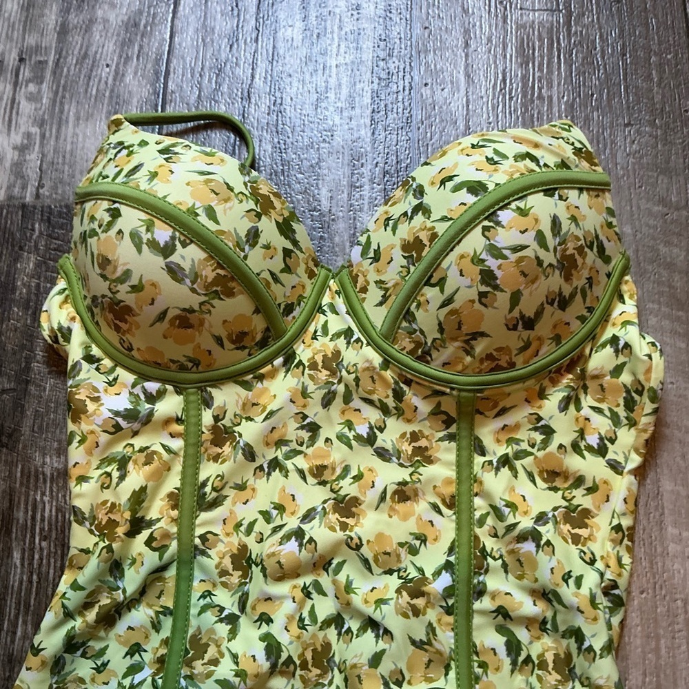 Floral Yellow and Green One-Piece Swimsuit Size Small - Picture 3 of 9